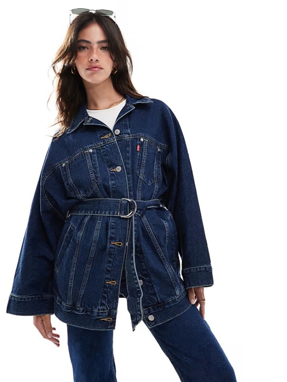 nwt LEVI'S Premium Belted Oversized Dolman Trucker Jacket in Dark Blue Denim (M)
